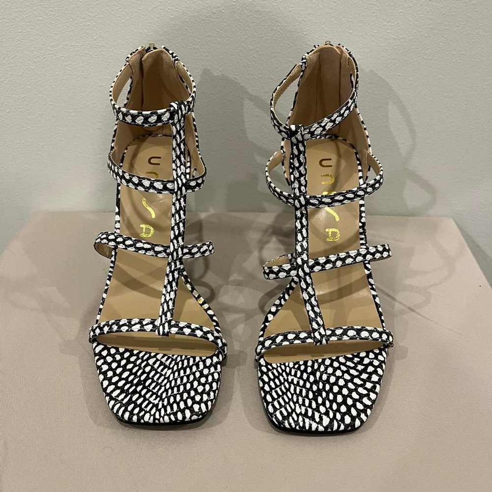 unisa strappy black & white polka dot sandal heel
